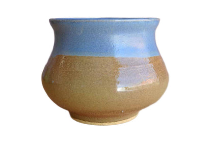 Rounded Cachepot or Pencil Cup with Blue and Tan Glazes