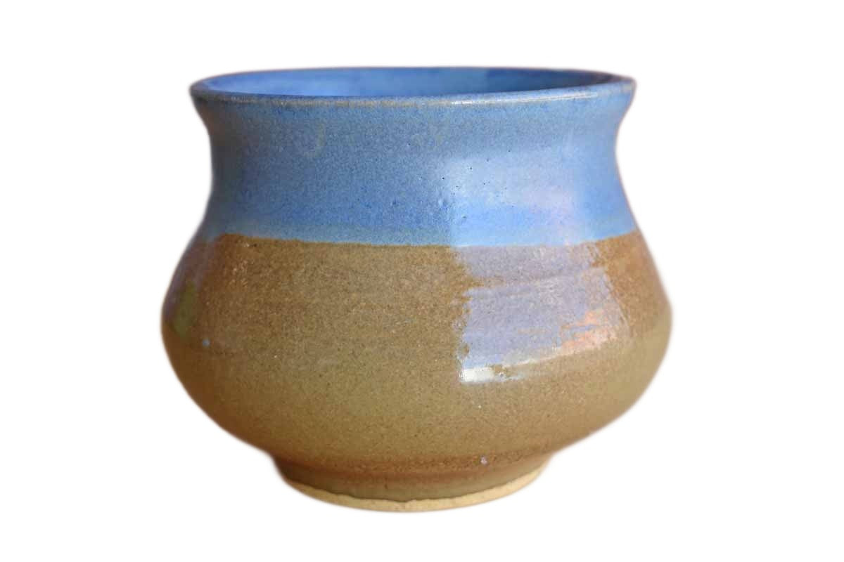 Rounded Cachepot or Pencil Cup with Blue and Tan Glazes