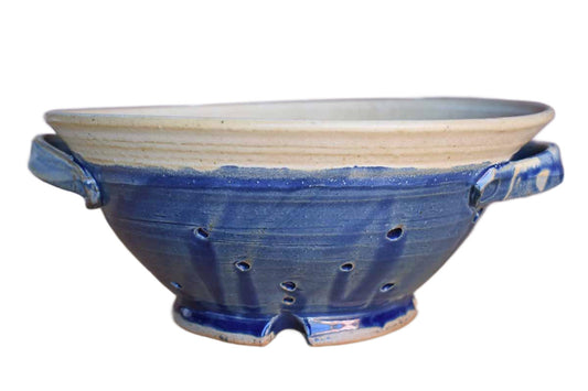 Blue and Gold Stoneware Colander