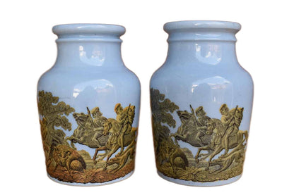 Pratt Pottery Works (England) Periwinkle Jars with Yellow and Black Hunting Scenes