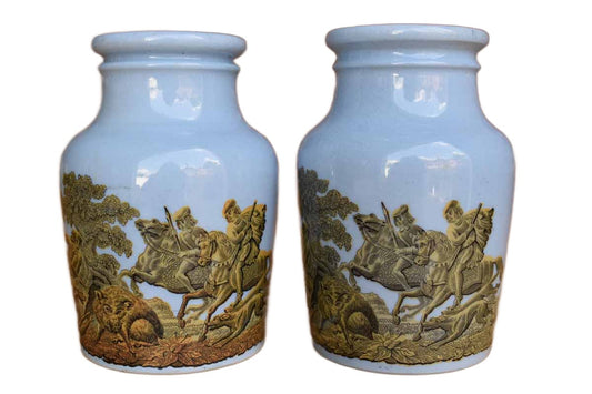 Pratt Pottery Works (England) Periwinkle Jars with Yellow and Black Hunting Scenes