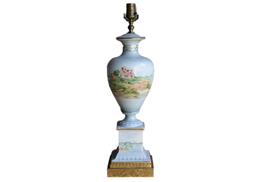Old Porcelain Lamp Hand Painted with Ocean Cottage and Sailboats (Pickup or Special Delivery Only)