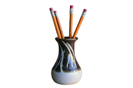 Small Brown and Tan Vase with Orange Accents