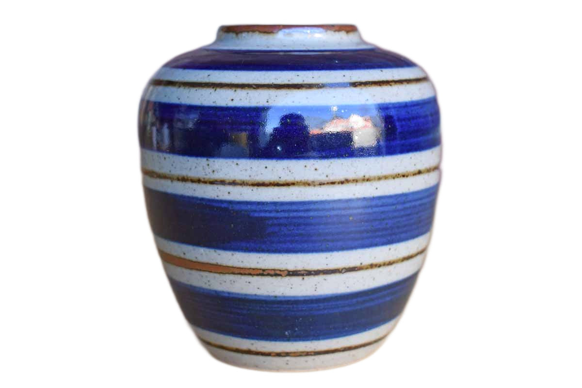 Small Ceramic Vase with Blue and Brown Bands