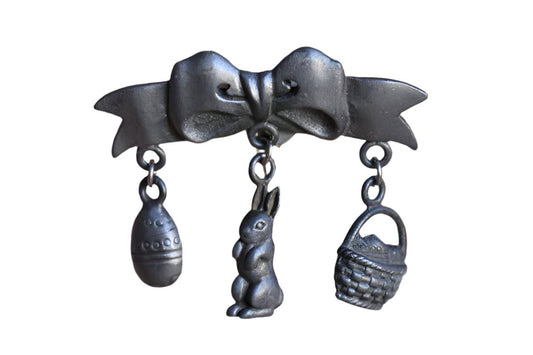 Pewter Bow-Shaped Brooch with Dangling Bunny, Egg, and Basket