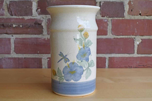 Ceramic Vase or Kitchen Tool Holder with Dragonfly and Flowers