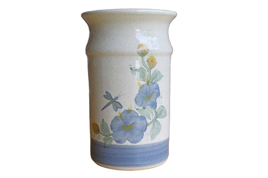 Ceramic Vase or Kitchen Tool Holder with Dragonfly and Flowers