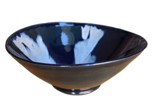 Large Dark Blue Ceramic Bowl with Purplish Designs