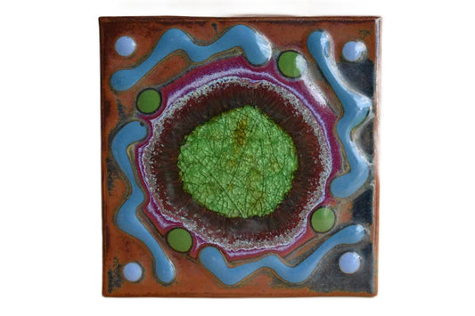 Ceramic Tile with Green Crackle Glass and Squiggly Lines and Dots