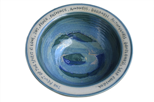 Blue and Green Ceramic Bowl with Positive Message Around the Rim