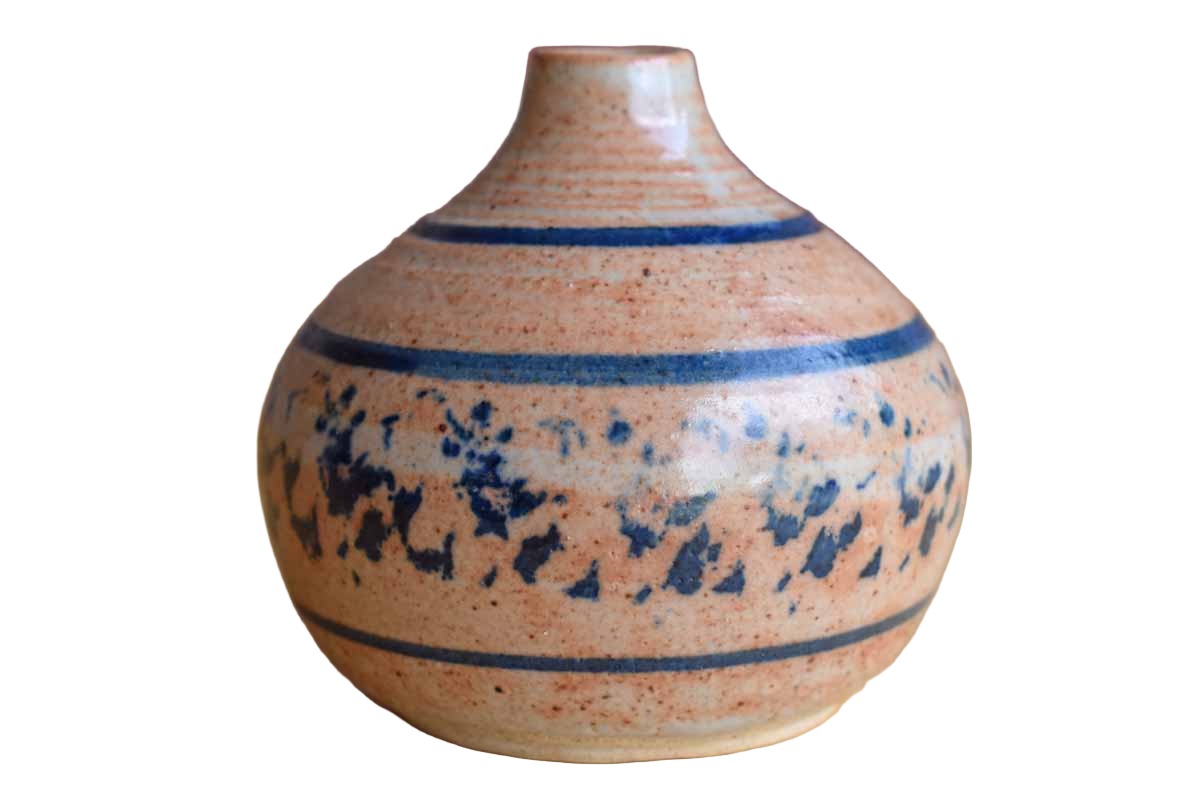 Small Orange and Dark Blue Stoneware Bud Vase