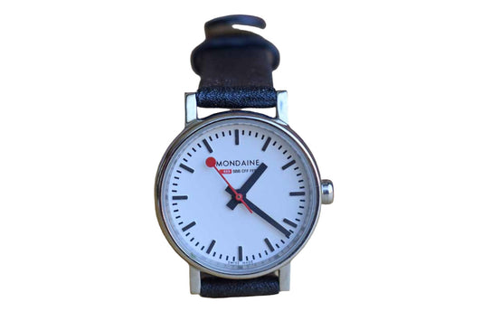 Mondaine Watch Ltd. (Switzerland) Black and White Watch with Red Dial