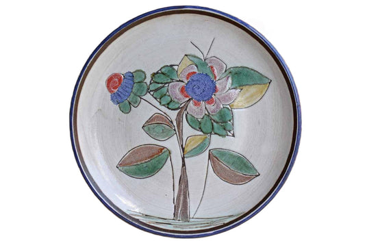 Heavy Round Ceramic Plate with Modernist Flower, from Portugal