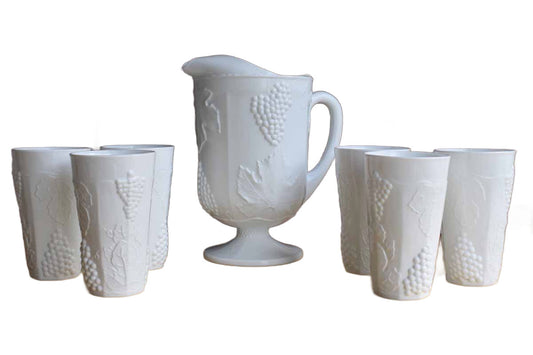 Indiana Glass (Indiana, USA) Harvest Grape Milk Glass Pitcher and 6 Cups (Pickup or Special Delivery)