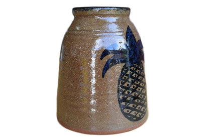 Redware Vase or Pencil Cup with Blue Pineapple Design