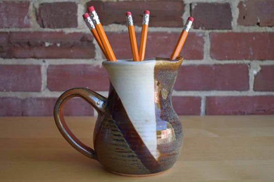 Small Handled Pitcher with Brown, Copper and White Glazes