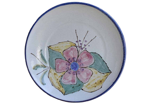 Heavy Round Ceramic Plate with Modernist Pink Flower, from Portugal
