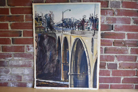 Old Watercolor of a Cantilever Bridge and Houses on a Main Street (Pickup or Special Delivery)