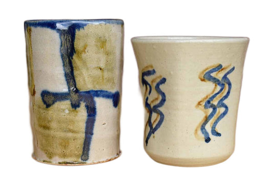 Pair of Complmentary Pen and Pencil Cups with Blue and Cream Glazes