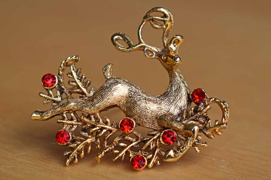 Gold Tone Metal Leaping Reindeer Brooch