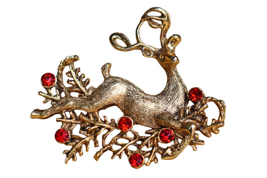 Gold Tone Metal Leaping Reindeer Brooch