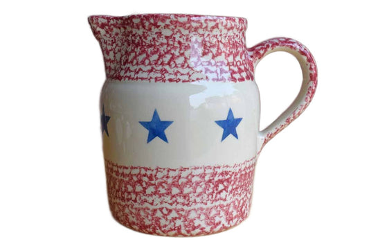 Ceramic Pitcher with Blue Stars and Red Spongeware Pattern