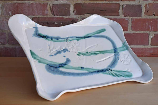 Ceramic Tray with Impressed Flowers and Abstract Green Bamboo Pattern
