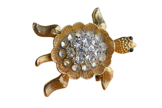 Gold Tone Metal and Rhinestone Turtle Brooch
