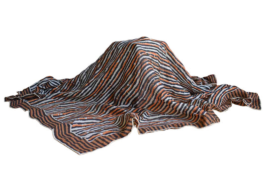 Vera (Made in Japan) Silk Handrolled Scarf with Orange, Black and Brown Lined Pattern