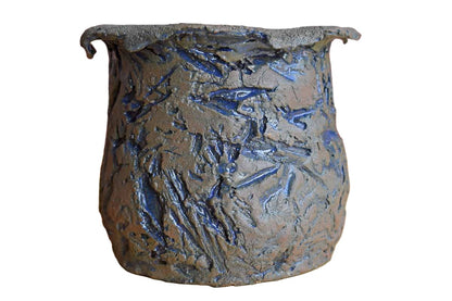 Craggy and Raw Stoneware Pencil Cup with Blue Slashes and Gashes