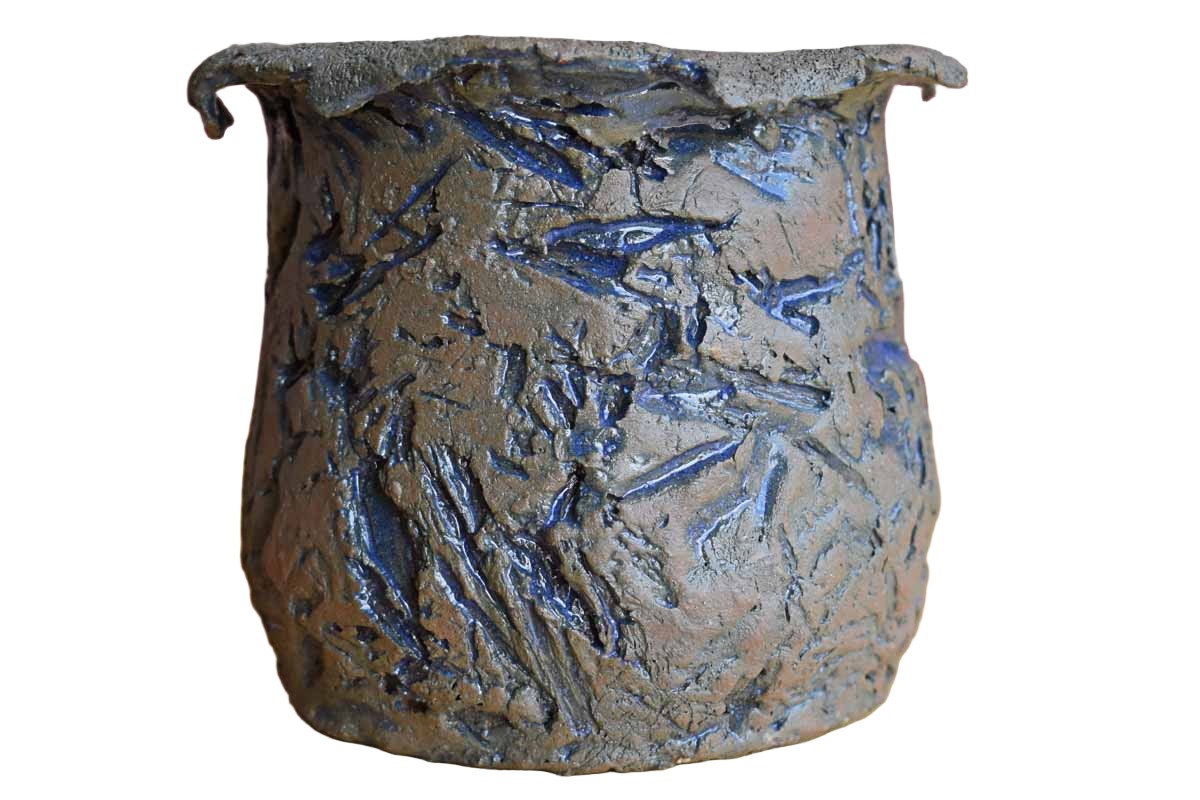Craggy and Raw Stoneware Pencil Cup with Blue Slashes and Gashes