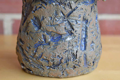 Craggy and Raw Stoneware Pencil Cup with Blue Slashes and Gashes