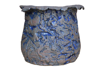 Craggy and Raw Stoneware Pencil Cup with Blue Slashes and Gashes