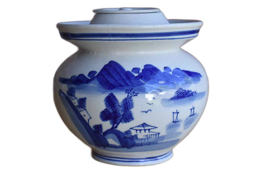 Blue and White Porcelain Lidded Container with Mountain Village Scene
