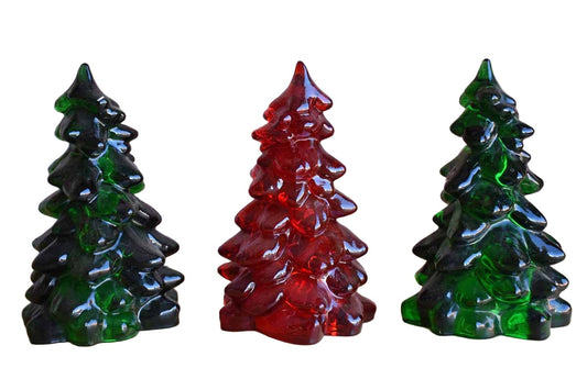 Mosser Glass (Ohio, USA) Three Heavy Green and Red Glass Christmas Trees