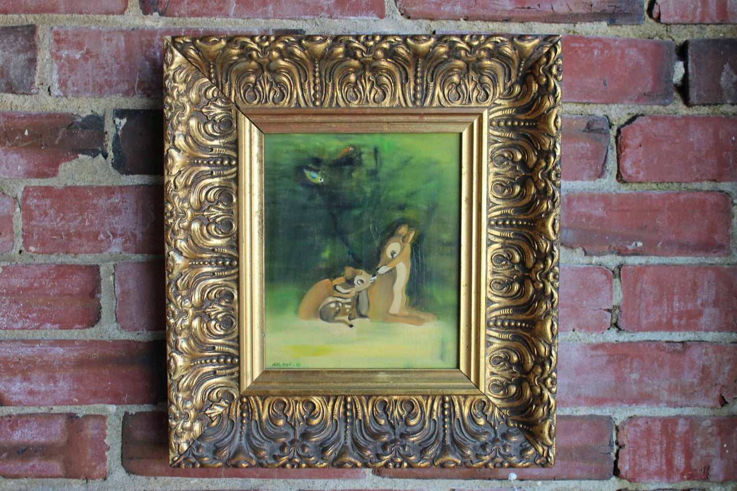 Original Oil Painting of a Deer and Fawn in a Gold Frame