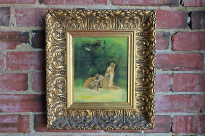 Original Oil Painting of a Deer and Fawn in a Gold Frame