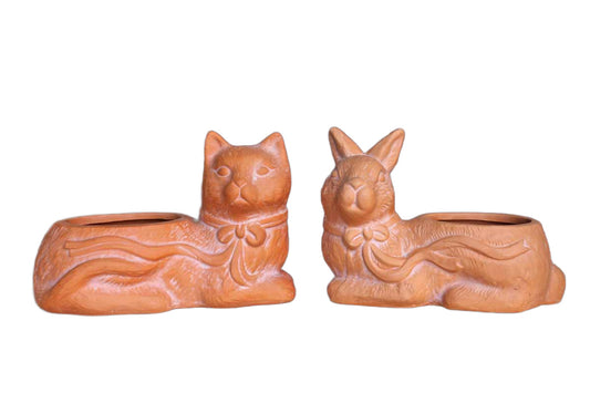 Cat and Rabbit Clay Plant Cachepots, A Pair