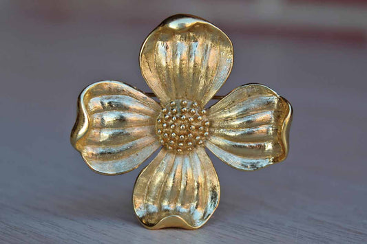 Trifari (USA) Brushed Satin Gold Tone Dogwood Flower Brooch