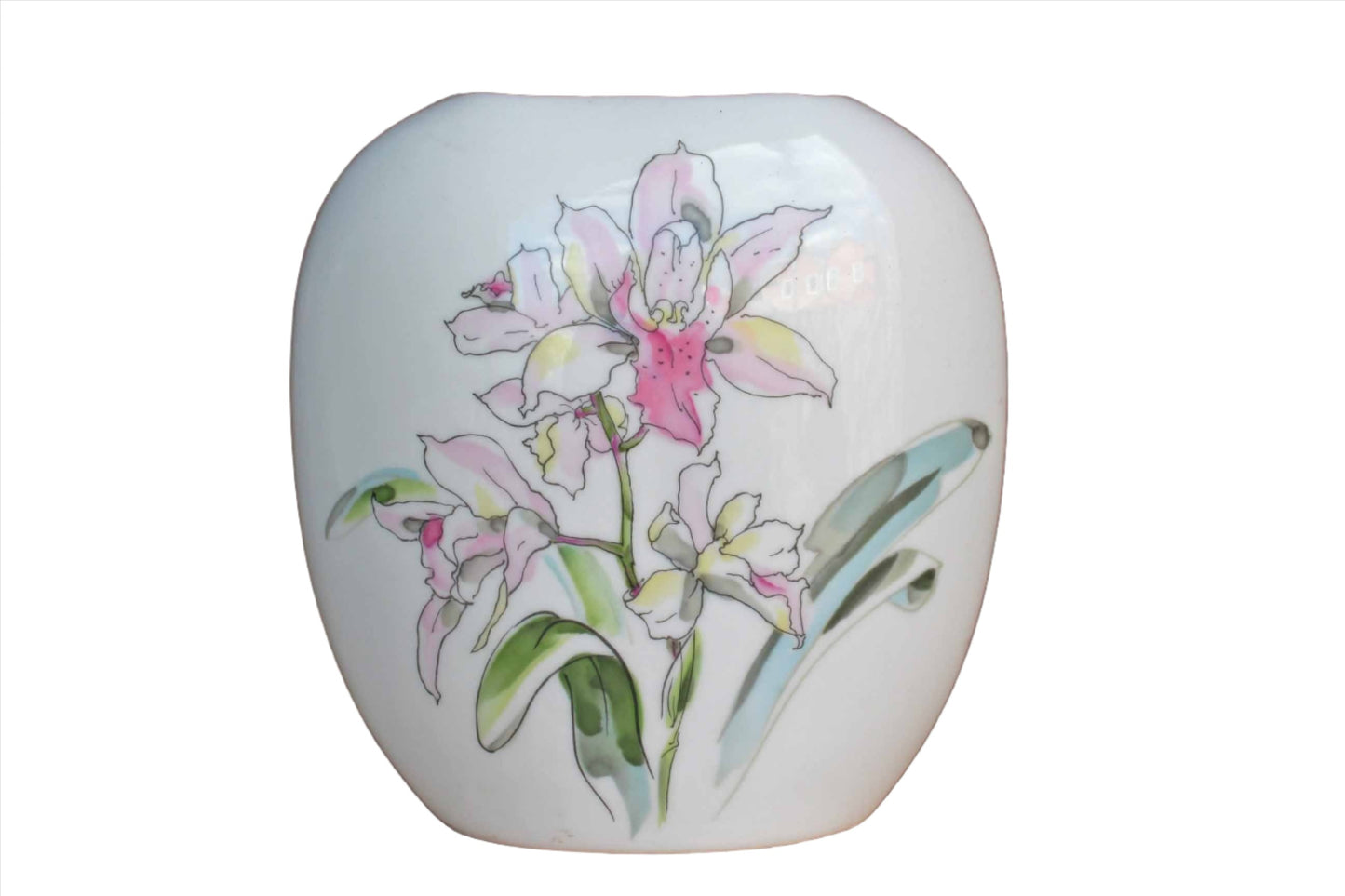 Porcelain Pillow Vase Decorated with Pink Flowers, Made in Japan