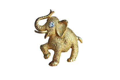 Gold Tone Metal Elephant Brooch with Silver Rhinestone Eye
