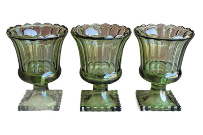 Green Pressed Glass Pedestal Urn Vases, Set of 3