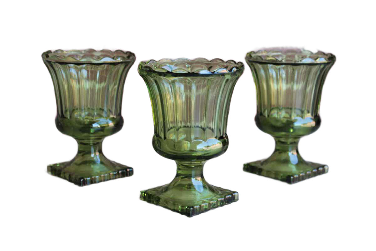 Green Pressed Glass Pedestal Urn Vases, Set of 3