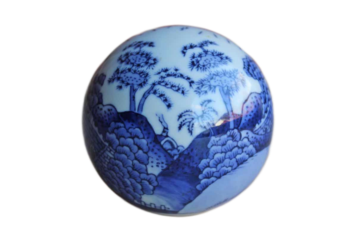 Blue and White Porcelain Ball with Painted Landscape Scene