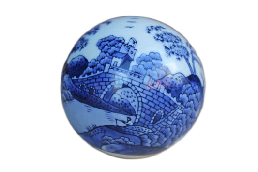 Blue and White Porcelain Ball with Painted Landscape Scene