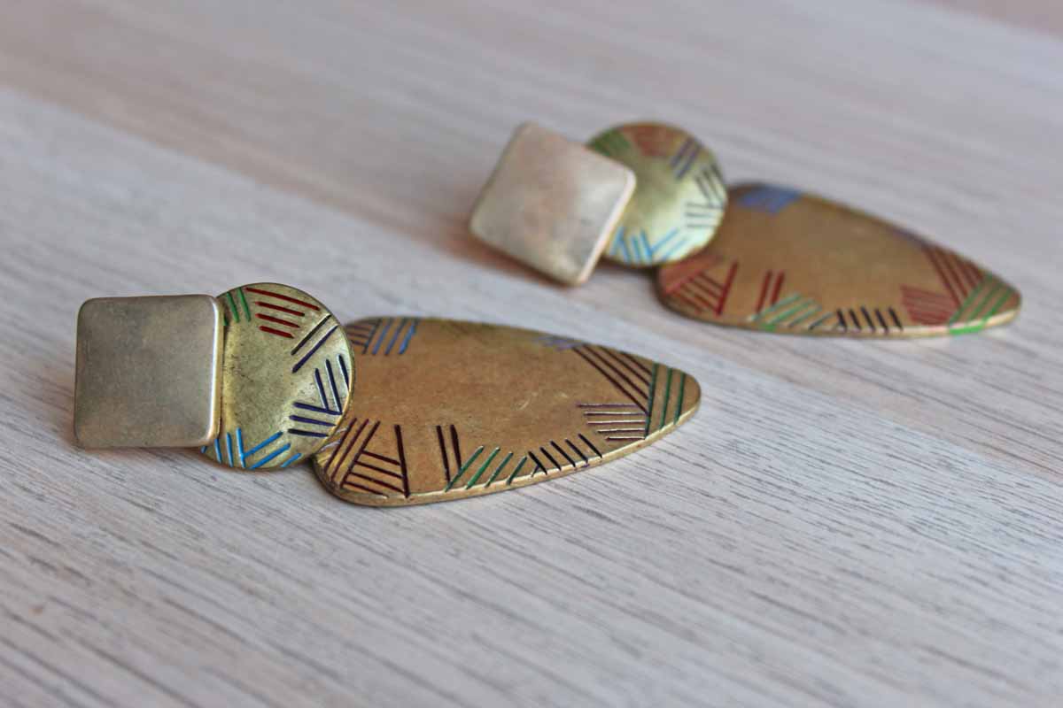Gold Tone Drop Earrings with Colorful Geometric Lines