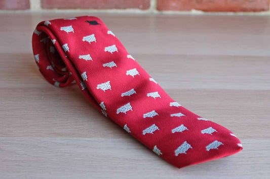 Chippmunk Creations Red Silk Polyester Blend Necktie Featuring Repeating White Sheep Pattern and One Black Sheep