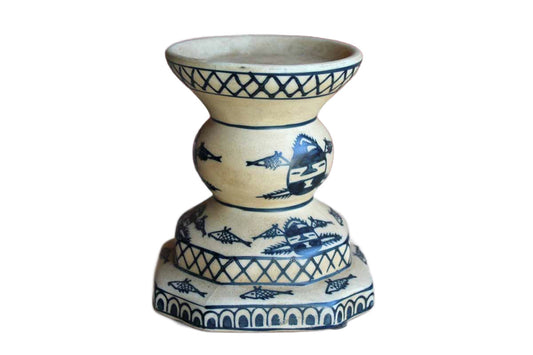 Ceramic Pillar Candle Holder with Symbols and Repeating Patterns