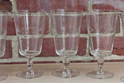 Clear Iced Tea or Water Pedestal Glasses with Etched Vines and Three Impressed Dots, Set of 7
