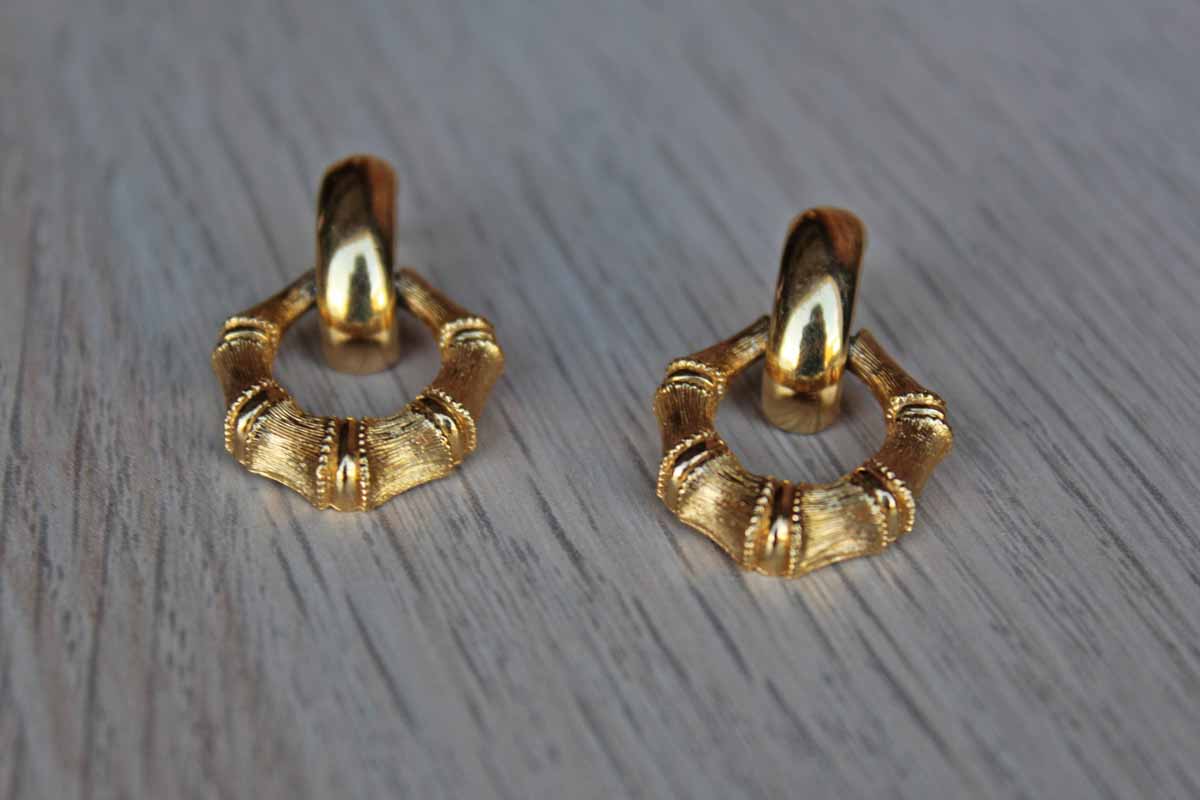 Gold Tone Faux Bamboo Pierced Drop Earrings with Smooth Gold Hinged Detail